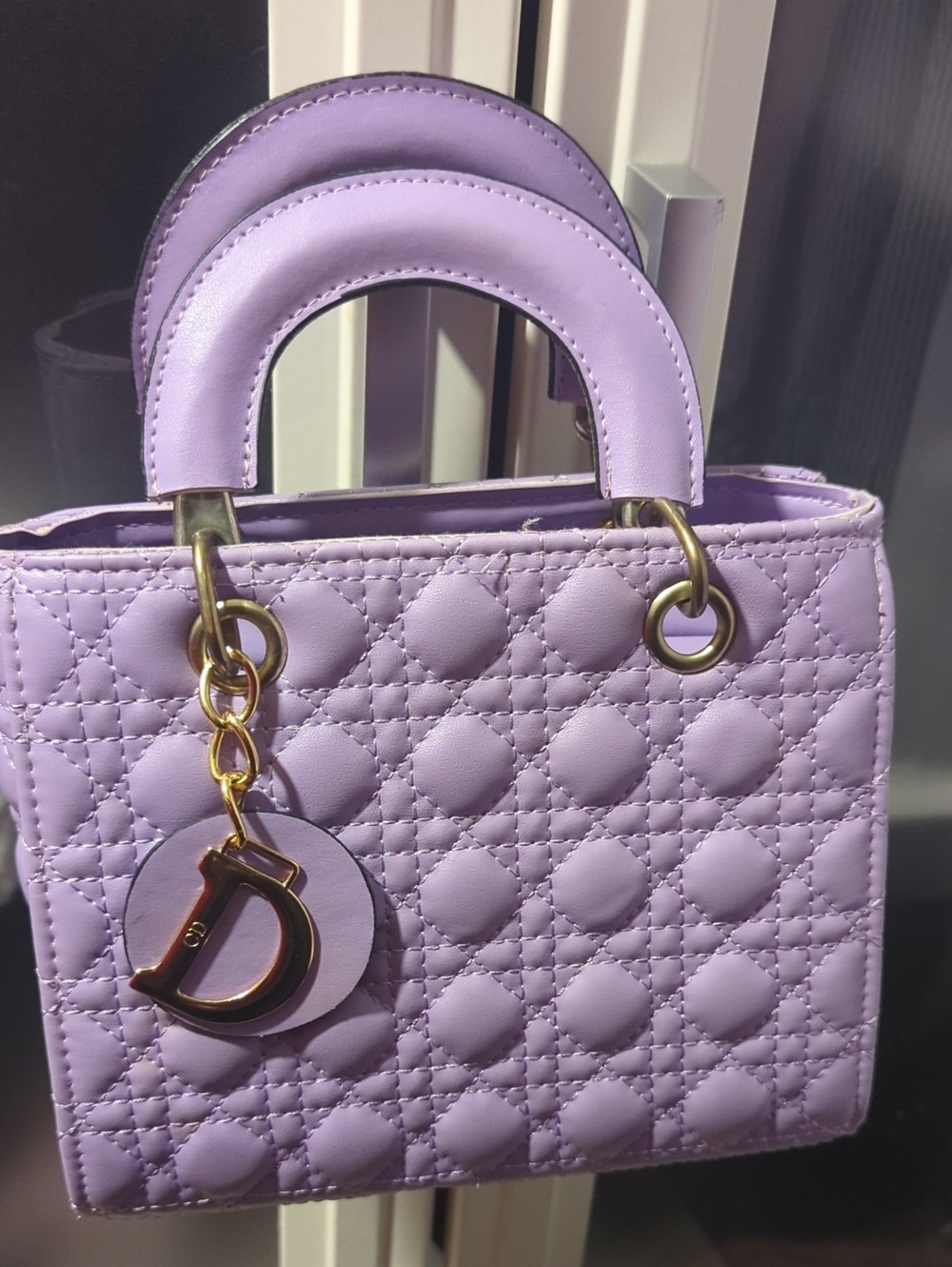 Lavender Quilted Top-Handle Bag with Gold Charm